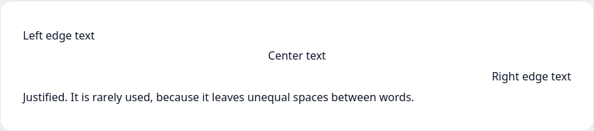 Examples of left, center, right, and justified text