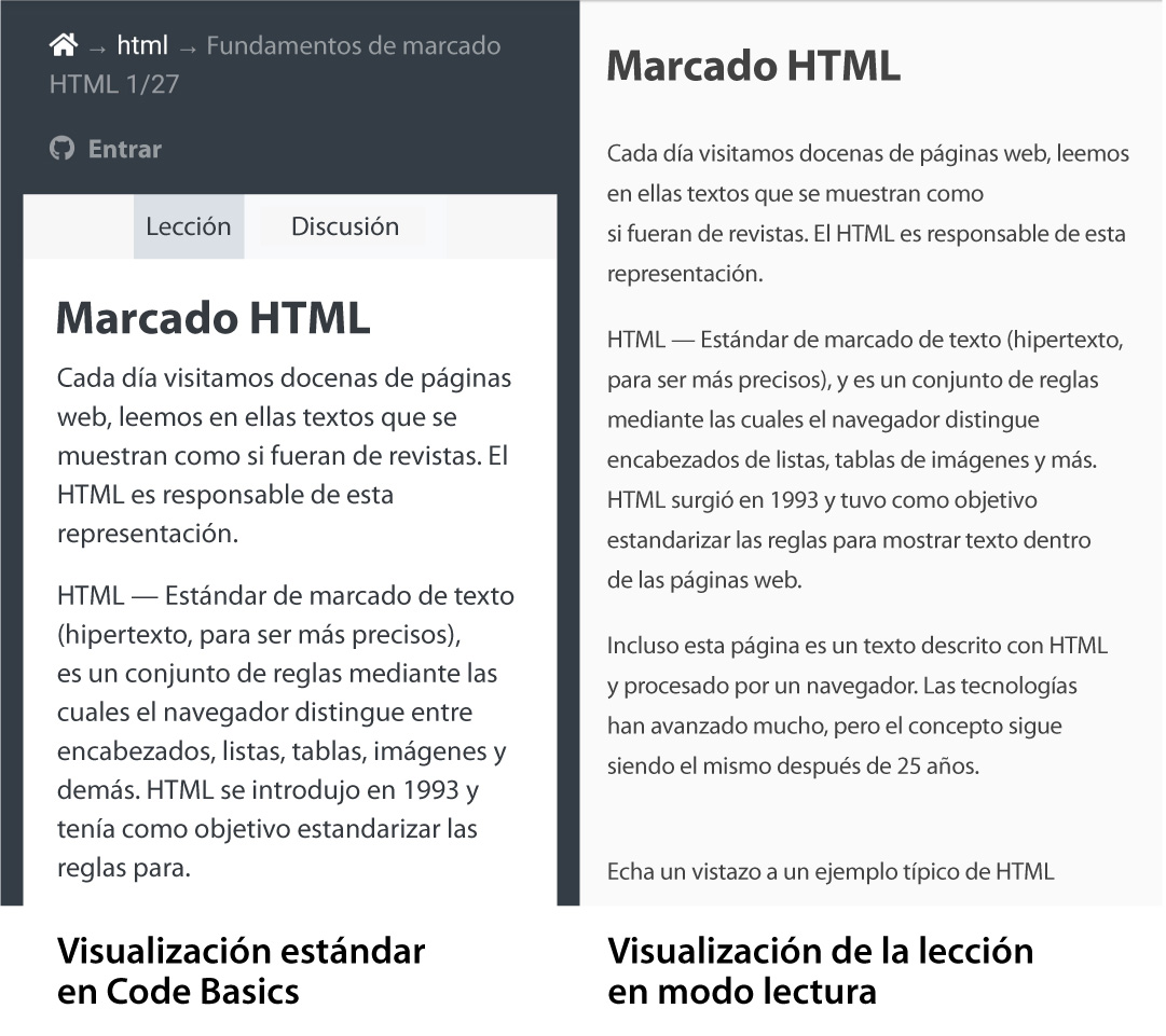 Стандартное отображение урока на Code Basics и отображение в режиме чтения